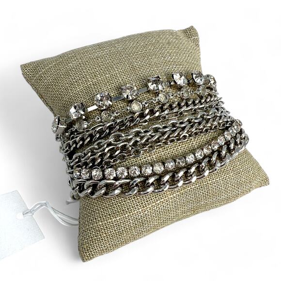 Chico’s Multi Strand Stretch Bracelet Rhinestone Chain Silver Tone Beads - Picture 1 of 5